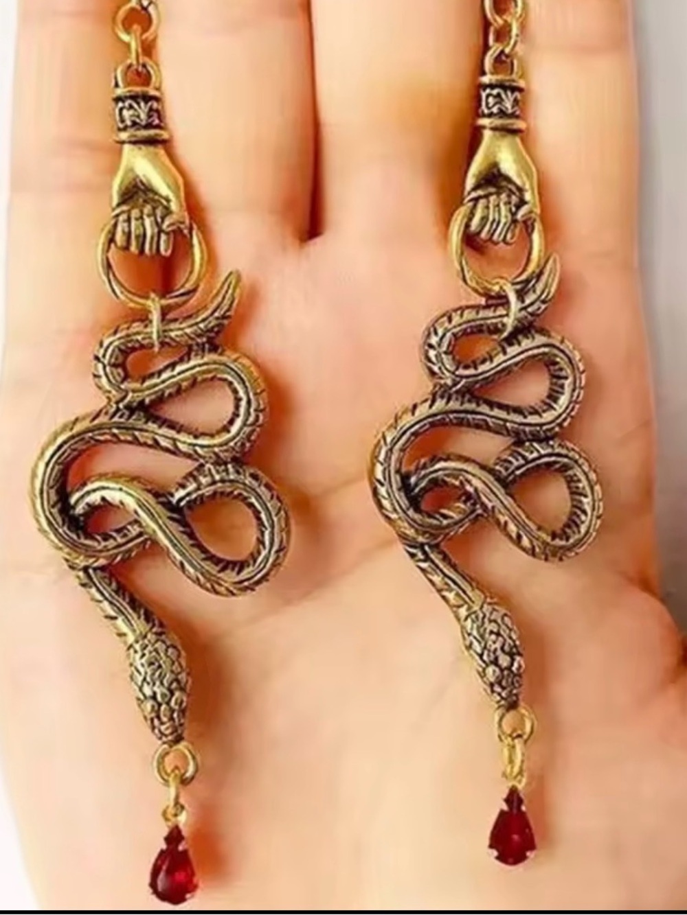 Vintage Gold toneSnake Drop Earrings with Red Teardrop